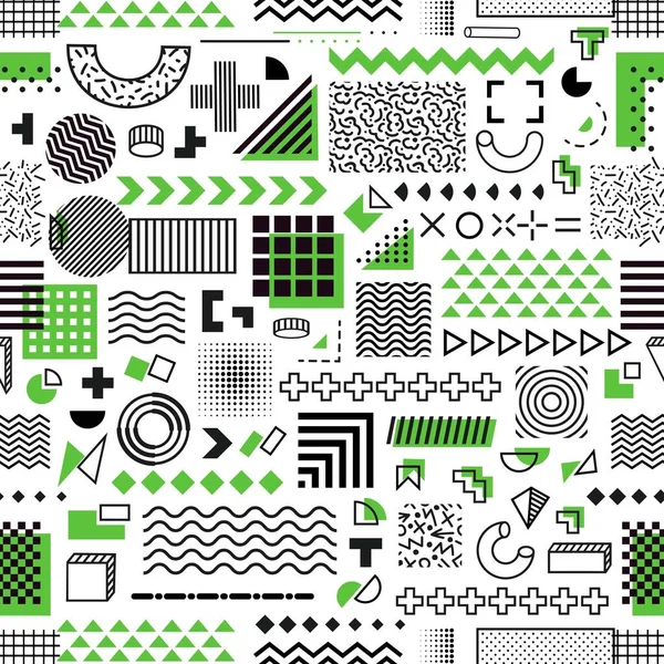 メンフィス幾何学的な緑の図形シームレスパターン ミニマルなラインアートのドアの壁紙やシームレスな背景 カラフルなグラフィックメンフィスの形状パターンと包装紙やテキスタイルベクトルプリント — ストックベクタ