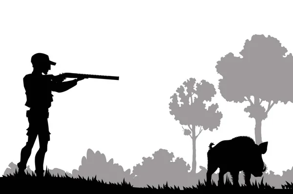 狩りのシルエット 森林自然景観ベクトルの背景に散弾銃とイノシシとハンター ハンターのシルエットとハントスポーツシーンライフルや銃で野生のホッグ動物を目指して撮影 — ストックベクタ