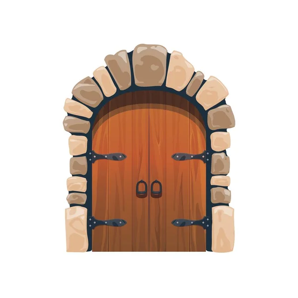 Мультфильм Средневековые Ворота Замка Деревянная Дверь Арочный Вход Средневековые Каменные — стоковый вектор