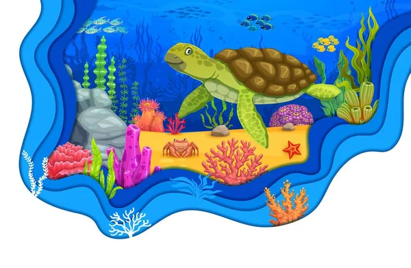 Cartoon Schildpad Koralen Zeewier Zee Onderwater Papier Gesneden Landschap Vector — Stockvector