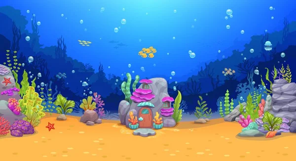 Casa Arrecife Dibujos Animados Nivel Del Juego Paisaje Submarino Con — Vector de stock