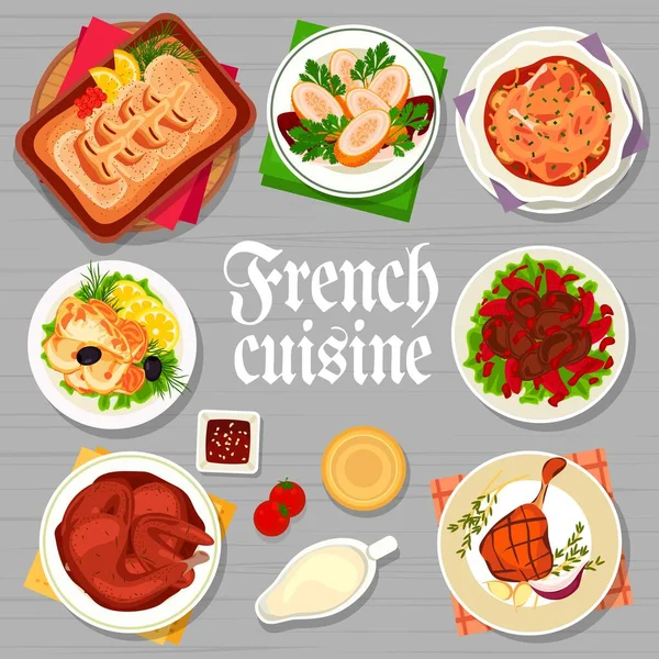 Fransız Mutfağı Menü Kapağı Sayfa Tasarımı Tavşan Yahnisi Balık Sole — Stok Vektör