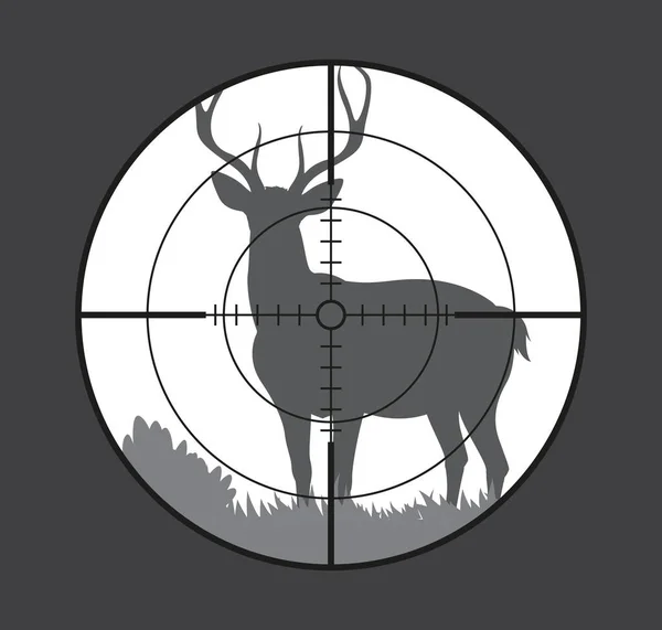鹿のターゲット 自然景観ベクトルの背景に野生の森の動物と狩猟スポーツライフルの範囲 円形の望遠の光景で大きな釣り人と鹿のタグの灰色のシルエットとともに十字線 — ストックベクタ