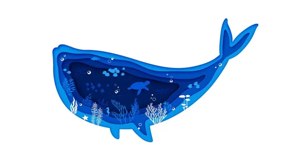海のクジラのシルエットと水中紙のカット風景 水中の深海 または水底3Dベクトルの背景 クジラ カメや魚 藻類のシルエットと海洋野生動物のペパーカットの概念 — ストックベクタ