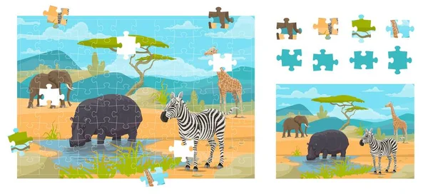 漫画サバンナアフリカの動物 ジグソーパズルゲーム作品 正しいピース接続パズル クイズベクトルワークシートや部分一致ゲームとともにカバ ゼブラ キリン 象でサバンナ — ストックベクタ