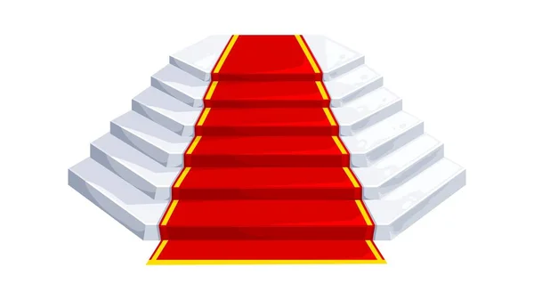 城と宮殿の階段 赤いカーペット インテリアのベクトル要素を持つ大理石の階段 中世の王室の城 妖精やファンタジー王国宮殿の漫画の階段 白い石の階段正面図 — ストックベクタ