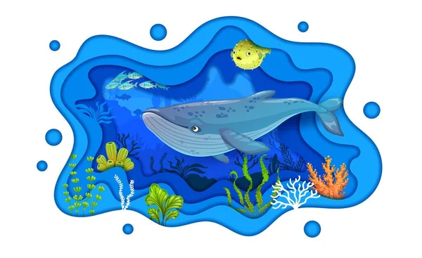 卡通鲸 河豚和浅滩在水下剪纸景观矢量背景 海洋和海洋水生动物 海藻和海藻植物 有3D个纸浆波纹层框架 — 图库矢量图片