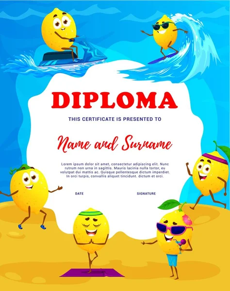 Diploma Bambini Personaggi Cartoni Animati Limone Sulla Spiaggia Estate Certificato — Vettoriale Stock