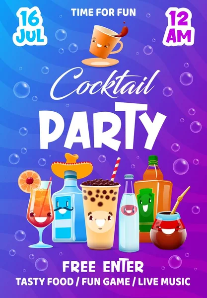 Cocktail Party Flyer Cartoon Drink Cocktail Characters Entertainment Event Vector — Stock Vector
