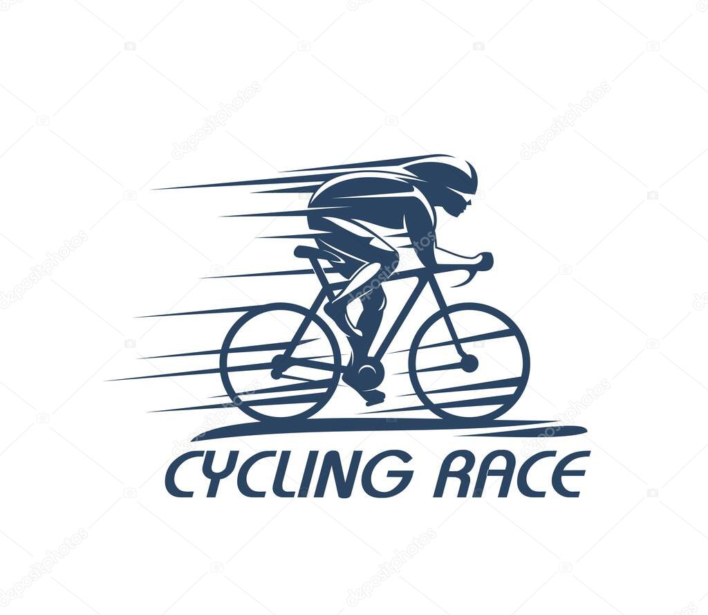 Cycling sport icon of bike racer on bicycle, bicyclist in helmet silhouette, vector symbol. Triathlon or cycling races team club badge, bicycle speed competition or athlete ride icon of cyclist