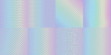 Simli folyo arka planında hologram dokusu, yanardöner gökkuşağı renginin vektör gradyanı. Holografik kalıp veya holografik doku folyo arka plan, soyut neon veya krom holografi simleri