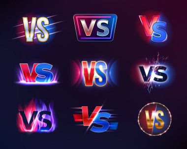 VS ya da rozete karşı, alev ve kıvılcımlı bir ikon. Spor mücadelesi, meydan okuma veya yarışma metni sembolü, çatışma veya yarışma sembolü, MMA dövüşü, vektör işaretini ateşle, yıldırımla duyurdu
