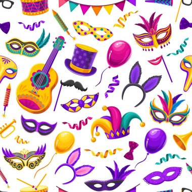 Brezilya karnavalı kusursuz desen. Kumaş veya tekstil vektör baskısı, festival veya karnaval maskesi, soytarı şapkası, konfeti ve çelenk, gitar, davul ve trompet enstrümanı ile ambalaj kağıdı arkaplanı