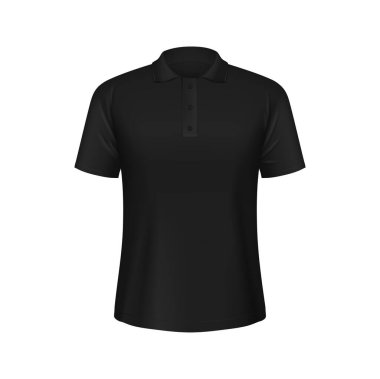 Siyah erkek polo tişörtü gerçekçi 3D vektör modeli. Klasik gardırop zımbası, gündelik ya da resmi durumlar için çok yönlü, rahat pamuk kumaş, kısa kollu, yakalı ve düğmeli.