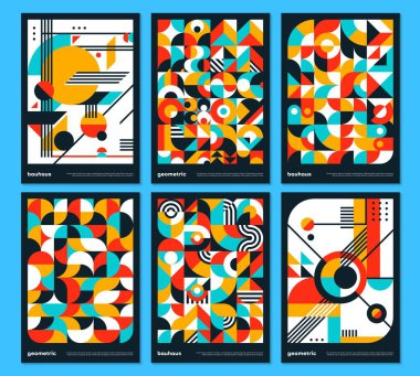 Geometrik Bauhaus posterleri, soyut desenler. İş sunum sayfalarında geometrik şekiller, iş kurumsal kimlik ilanı veya poster tasarımı üzerinde Bauhaus grafik vektör desenleri