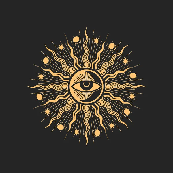 太陽と目の密教オカルト五角形 魔法のタロット記号 すべてを見て 月の三日月 星や円の中に放射線 ベクトル霊的魔法の紋章 隔離された錬金術 ウィッカまたは異教のシンボル — ストックベクタ