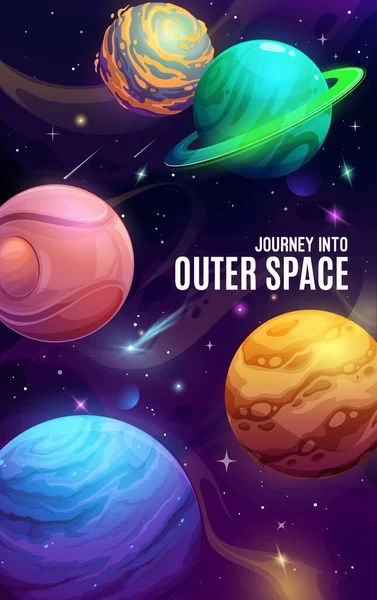 Pianeti Spaziali Cartoni Animati Galassia Universo Poster Vettore Fantasia Cosmo — Vettoriale Stock