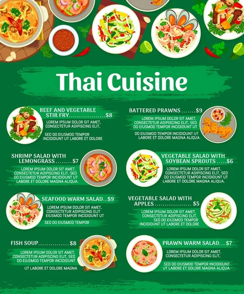 Thaise Keuken Restaurant Menu Panang Curry Gehavende Garnalen Vissoep Salades — Stockvector