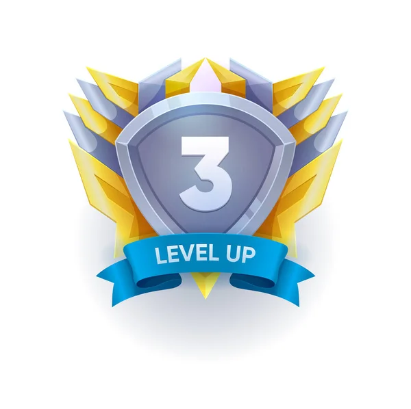 Game Level Odznak Vyhrát Ikonu Štít Banner Dokončené Úrovně Vektorové — Stockový vektor