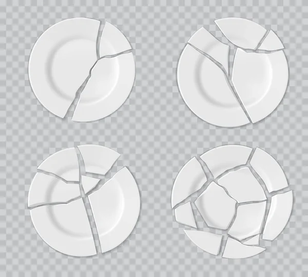 Ceramic Broken Plates Cracks White Porcelain Shattered Kitchenware Realistic Vector — Stock Vector
