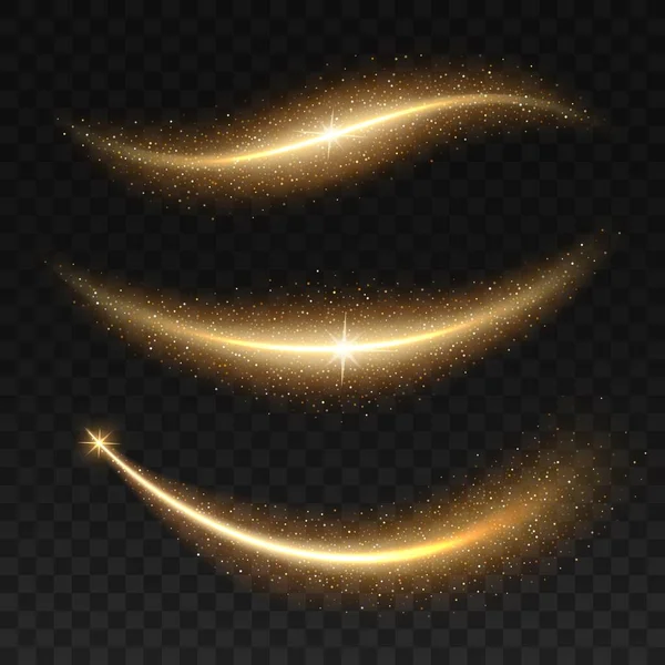 黄金のスターダストとグリッター 祝祭の黄金効果 豪華なきらめきカーブまたは魅力的な輝く3Dベクトルストローク 輝く現実的な波または輝く粒子を持つ星塵分離ラインを流れる — ストックベクタ