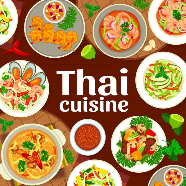 Thaise Keuken Menu Cover Pagina Sjabloon Geslagen Garnalen Salade Met — Stockvector