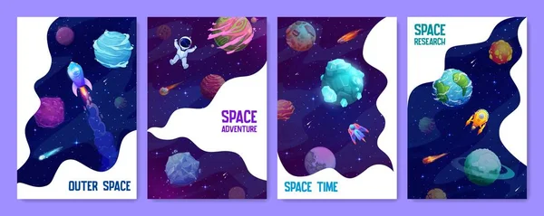 Strony Lądowania Kosmicznego Gwiezdna Galaktyka Planety Kosmiczne Plakaty Kreskówek Astronautami — Wektor stockowy