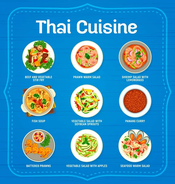 Menu Restaurante Cozinha Tailandesa Carne Legumes Fritos Saladas Com Legumes — Vetor de Stock