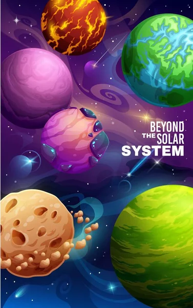 Cartoon Galaxy Space Poster Con Pianeti Del Sistema Solare Sfondo — Vettoriale Stock