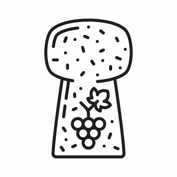 葡萄酒软木塞与葡萄枝条印刷轮廓图标 用于香槟或葡萄酒酿酒的向量木软木塞 带有葡萄的酒精饮料软木塞 — 图库矢量图片