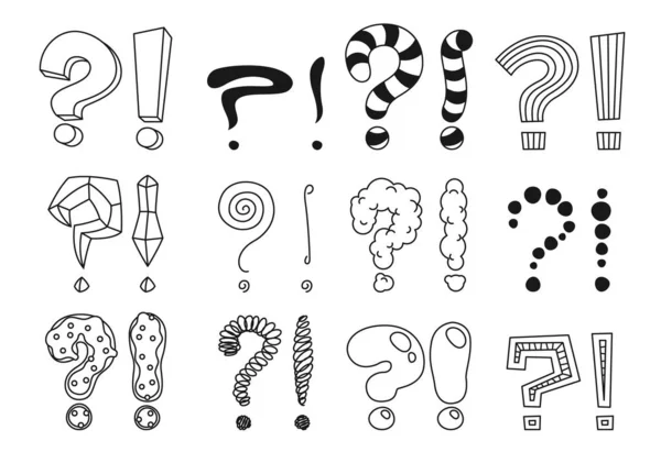 感嘆符や疑問符をかわす スケッチや手書きの句読点記号 注意と質問の答え抽象的なアイコンや感嘆符で手書きのインクの記号 質問のマーク — ストックベクタ