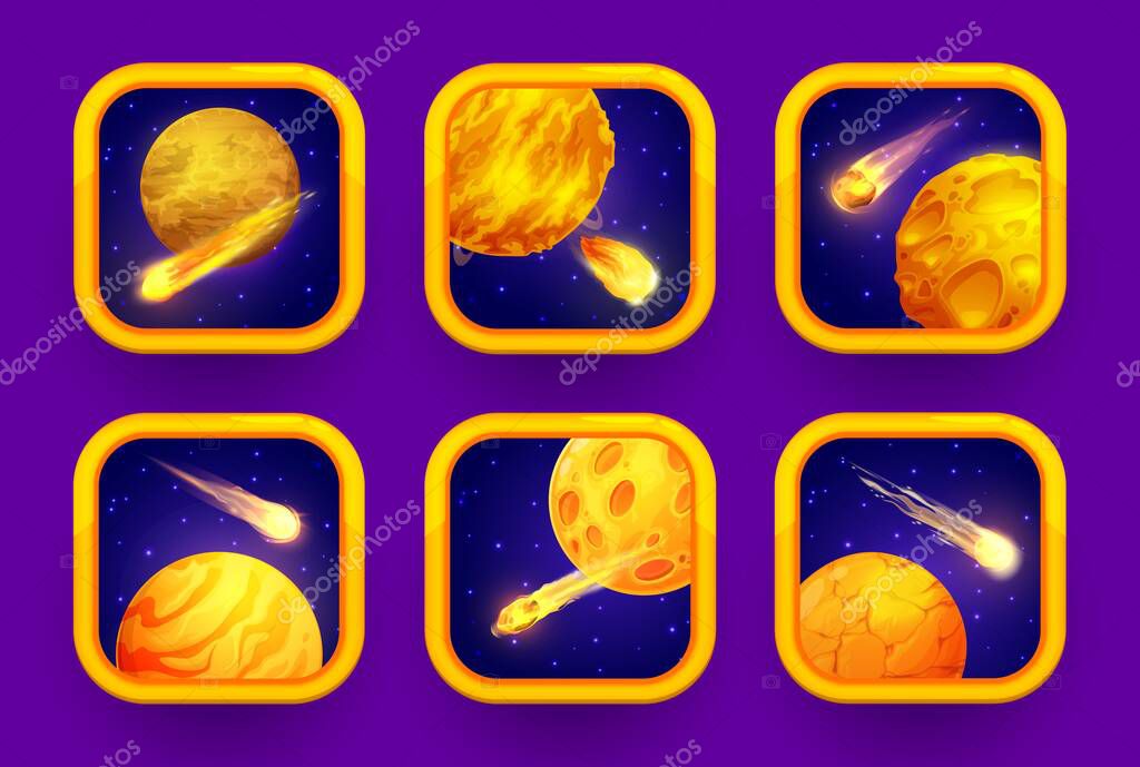 Cartoon space game app icons, yellow planets and asteroid, vector badges for mobile application. Galaxy and alien fantasy arcade gaming app icons or application UI buttons with cosmic meteorites