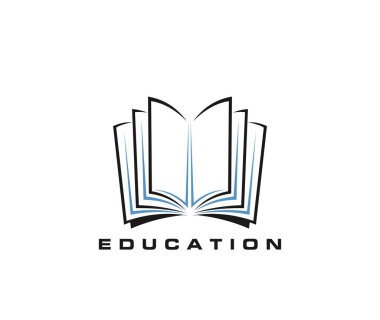 Kitap simgesi, eğitim, kütüphane, depo, sözlük vektör sembolü. Mavi sayfalı ve siyah kapaklı kitap, okul kütüphanesi okuma odası ya da kitapçısı için izole bilgi veya edebiyat işareti