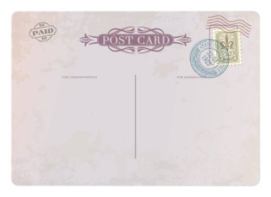 Antika kartpostal, eski posta pulu, vektör geçmişi. Havayolu damgalı eski kartpostal ya da kağıt posta ya da boş mektup, posta damgalı zarf çerçeve şablonu ya da grunge posta ücreti