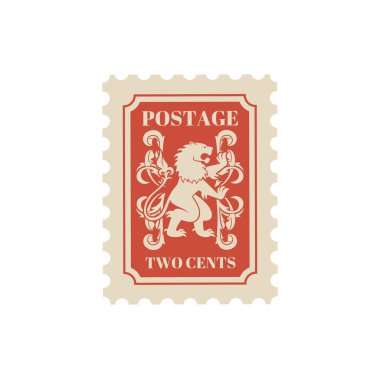 Antika kartpostal, eski posta pulu ve kraliyet aslanlı antika posta kartı. Tarihi posta damgası, filatif antika posta damgası, mektup ya da yazışma vektör etiketi. Heraldik hayvan damgalı eski posta damgası