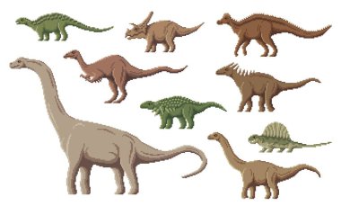 Piksel dinozor karakterleri. 8 bit pikselli oyun dinozorları. Deinocheirus, Amargasaurus, Nodosaurus ve Titanosaurus, Panoplosaurus, Hypacrosaurus Jurassic prehistorik sürüngen, piksel vektör dinozor