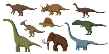 Piksel dinozor karakterleri. 8 bit arcade oyunu, pikselli sanat dinozorları. Parasaurolophus, Brachiosaurus, Iguanodon ve Centrosaurus, Dimetrodon, Plateosaurus vektör pikseli dinozor, antik sürüngen