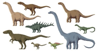 Piksel dinozor karakterleri. 8 bit pikselli oyun dinozorları. Anchisaurus, Barapasaurus, Wannanosaurus ve Hypselosaurus, Kentrosaurus, Zephyrosaurus Jurassic dönemi sürüngenleri veya piksel vektör dinozorları.
