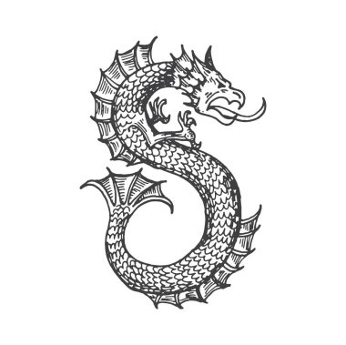 Ejderha ortaçağ hanedan hayvan canavar eskizi. Sihirli deniz ejderhası, ortaçağ haritası fantezi canavarı. Eski hanedanlık sembolü sembolü ya da ailevi sembolü, el çizimi efsanevi hayvan vektörü.