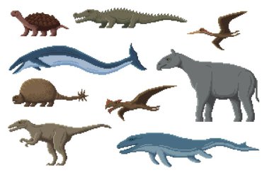 Piksel dinozor karakterleri. 8 bit pikselli oyun dinozorları. Basilosaurus, Baryonyx, Mosasaurus ve Carbonemys, Sarcosuchus, Doedicur piksel vektör karası ve deniz dinozorları, tarih öncesi sürüngen hayvanları.