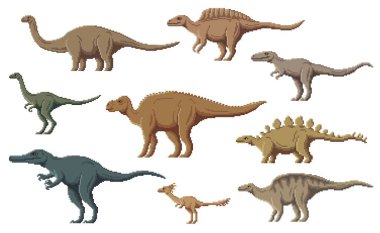 Piksel dinozor karakterleri. 8 bit pikselli oyun dinozorları. Ouranosaurus, Probactrosaurus, Suchomimus ve Alectrosaurus, Alvarezsaurus, Aralosaurus tarih öncesi sürüngenler, vektör pikseli dinozorlar.