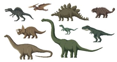 Piksel dinozor karakterleri. 8 bit oyun varlığı, pikselli sanat dinozorları. Brontosaurus, Tyrannosaurus, Velociraptor ve Pteranodon, Diplodocus, Stegosaurus soyu tükenmiş sürüngen, vektör pikselli dinozorlar