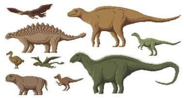 Piksel dinozor karakterleri. 8 bit pikselli oyun dinozorları. Dimorphodon, Dodo, Pegomastax, Dicraeosaurus ve Hypsilophodon, Lystrosaurus nesli tükenmiş tarih öncesi hayvanlar ve kuşlar, piksellik vektör dinozorları.