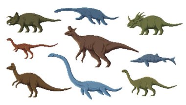 Piksel dinozor karakterleri. 8 bit retro oyun varlığı, pikselli sanat dinozorları. Mussaurus, Elaphrosaurus, Avaceratops ve Corythosaurus, Lambeosaurus, Styracosaurus pikseli sürüngen veya dinozorlar.