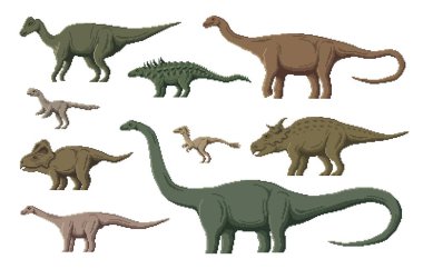 Piksel dinozor karakterleri. 8 bit pikselli oyun dinozorları. Jaxartosaurus, Garudimimus, Elmisaurus ve Magyarosaurus, Opisthocoelicaudia, Pachyrhinosaurus pikseli soyu tükenmiş sürüngen, vektör dinozorlar