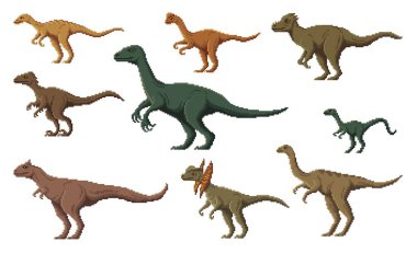 Piksel dinozor karakterleri. 8 bit pikselli oyun dinozorları. Gallimimus, Therizinosaurus, Troodon ve Oviraptor, Compsognathus, Pachycephalosaurus vektör pikseli dinozor, soyu tükenmiş sürüngen hayvan