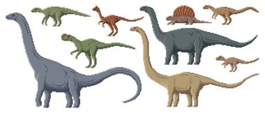 Piksel dinozor karakterleri. 8 bit pikselli oyun dinozorları. Dryosaurus, Edaphosaurus, Cetiosaurus ve Scutellosaurus, Paralititan, Mamenchisaurus tarih öncesi soyu tükenmiş sürüngen veya piksel vektör dinozor.