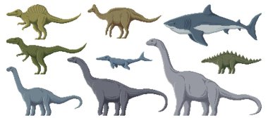 Piksel dinozor karakterleri. 8 bit pikselli oyun dinozorları. Kotasaurus, Lexovisaurus, Aragosaurus ve Neovenator, Amurosaurus, Aegyptosaurus Jurassic dönemi kara ve su altı pikseli dinozorları