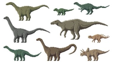 Piksel dinozor karakterleri. 8 bit pikselli oyun dinozorları. Camptosaurus, Lufengosaurus, Psittacosaurus ve Arrhinoceratops, coladisaurus, Bagaceratops soyu tükenmiş sürüngen, piksel vektör dinozor