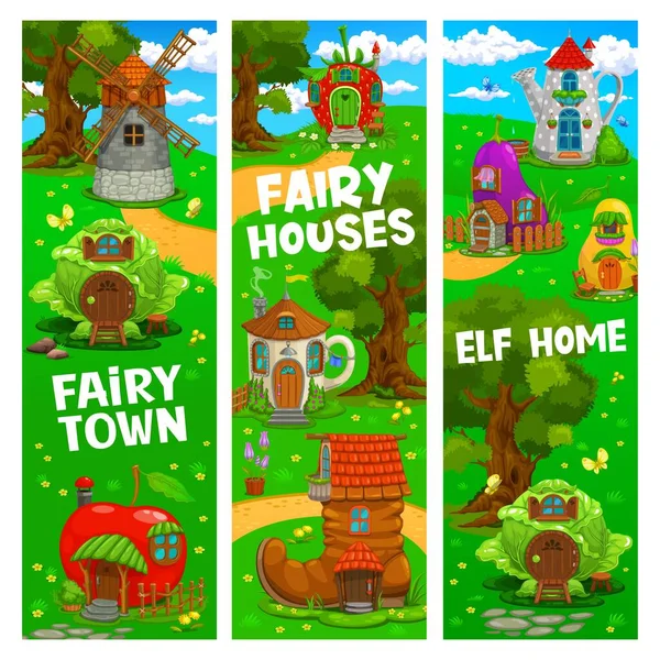 Fairytale Casas Desenhos Animados Edifícios Casas Elfos Casas Fadas Banners — Vetor de Stock